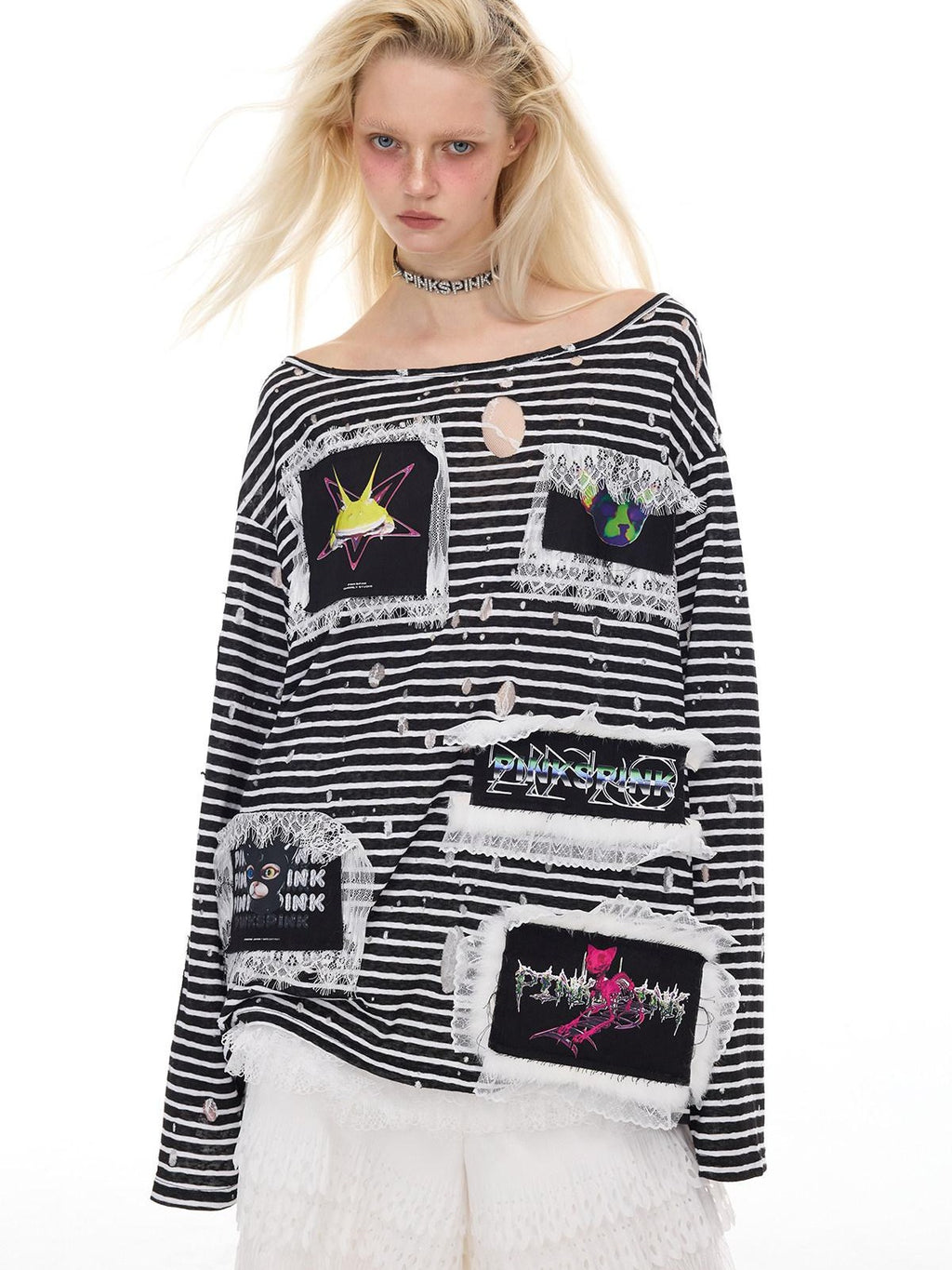 PINKSPINK Lace Trim Striped Printed Punk Frog Women's Cotton Long Sleeve T-shirts