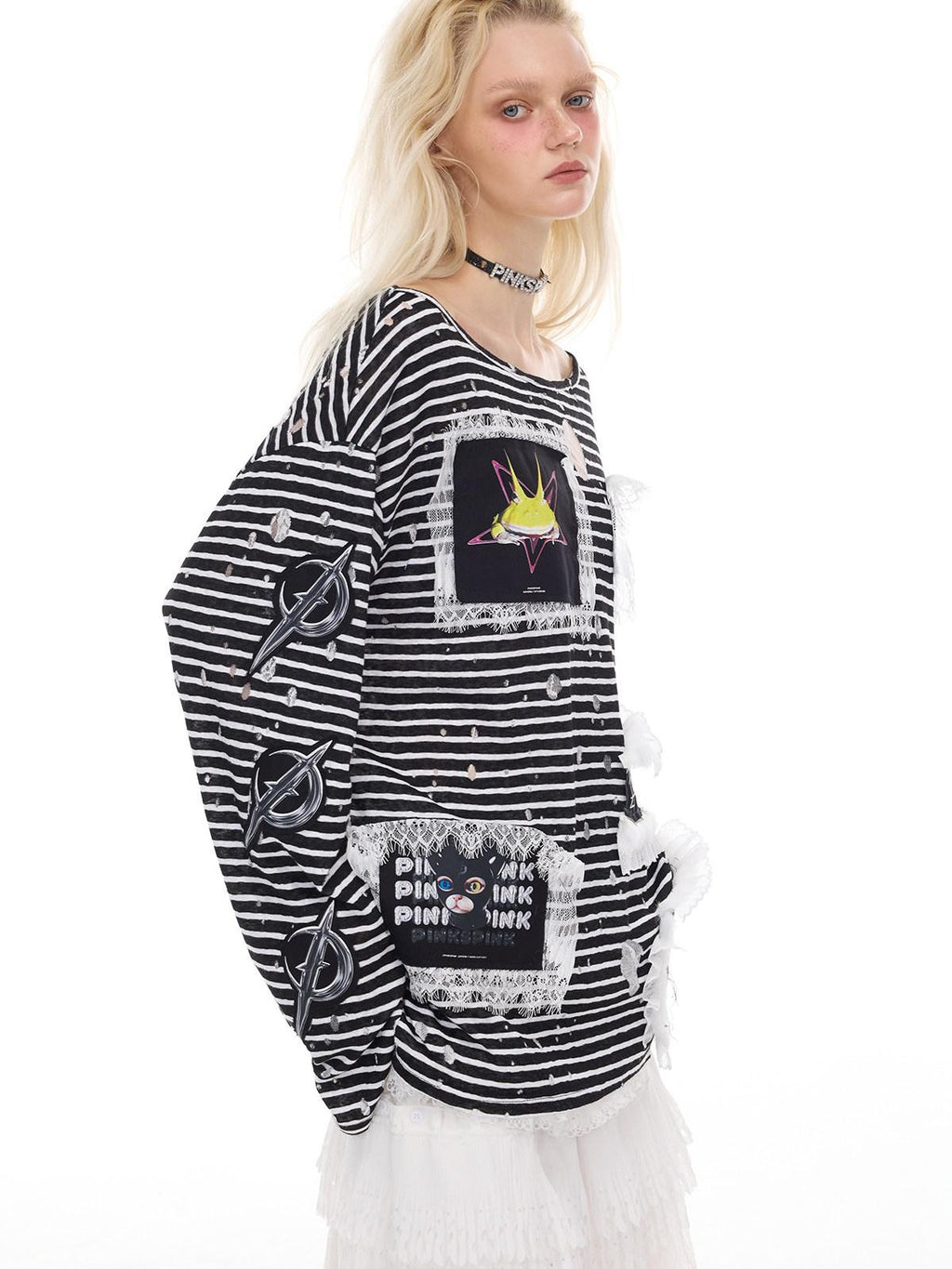PINKSPINK Lace Trim Striped Printed Punk Frog Women's Cotton Long Sleeve T-shirts