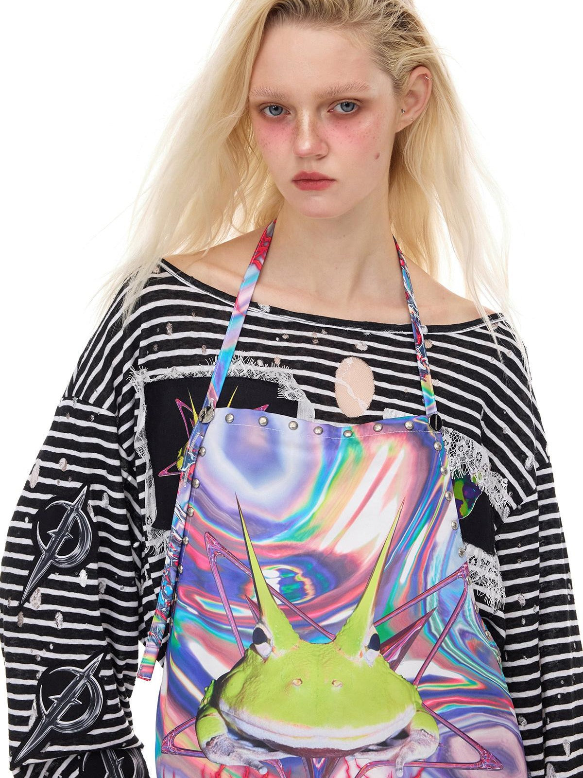 PINKSPINK Lace Trim Striped Printed Punk Frog Women's Cotton Long Sleeve T-shirts