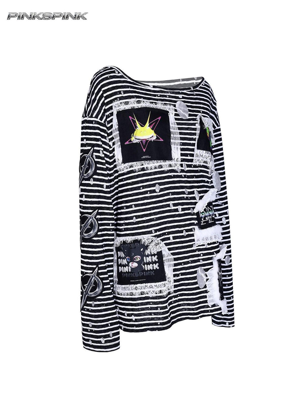 PINKSPINK Lace Trim Striped Printed Punk Frog Women's Cotton Long Sleeve T-shirts