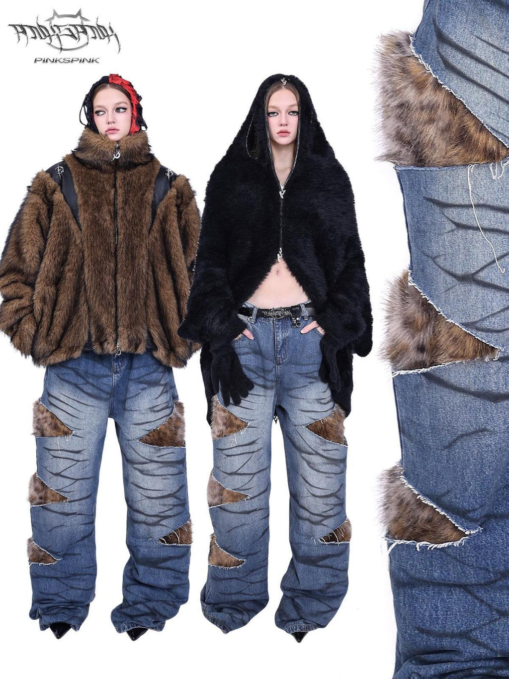 PINKSPINK Layered Leopard Fur Low Rise Wide Leg Women's Denim Ripped Jeans