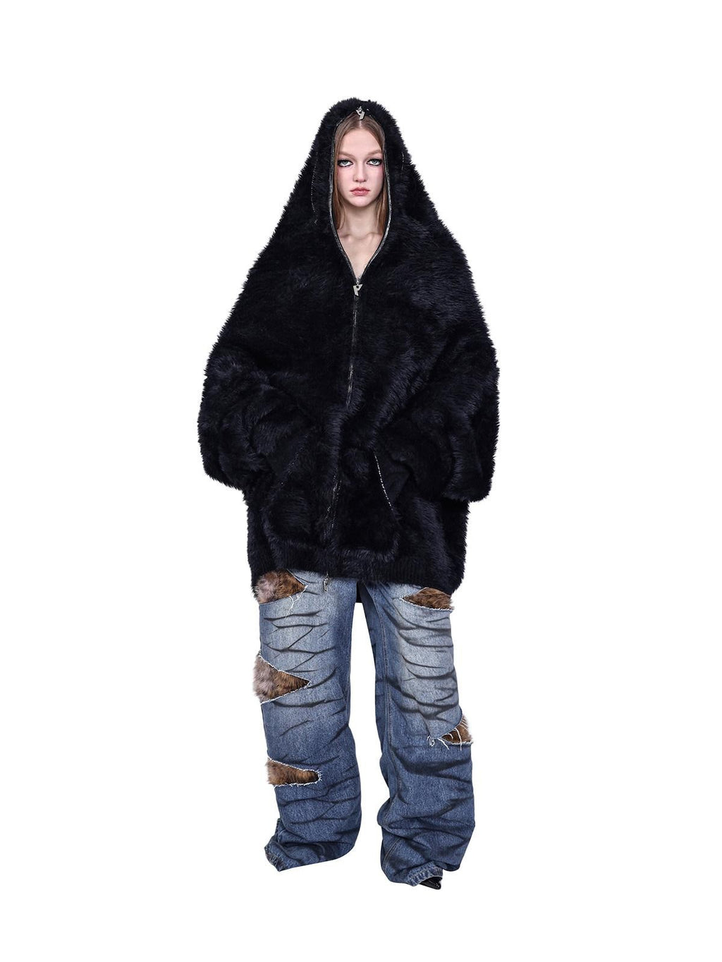 PINKSPINK Layered Leopard Fur Low Rise Wide Leg Women's Denim Ripped Jeans