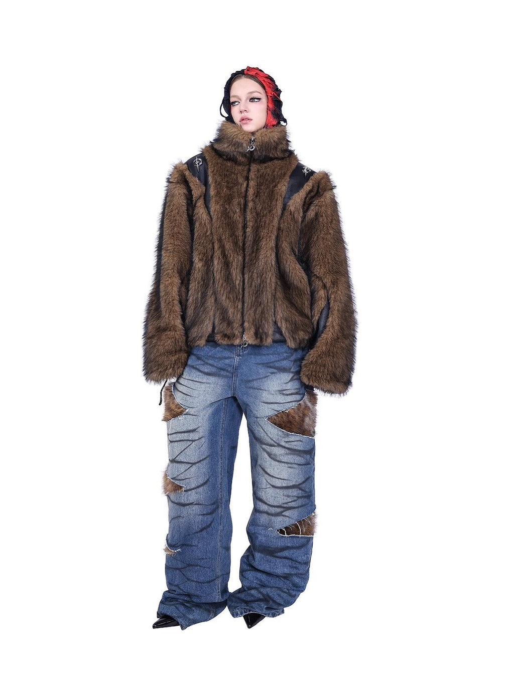 PINKSPINK Layered Leopard Fur Low Rise Wide Leg Women's Denim Ripped Jeans