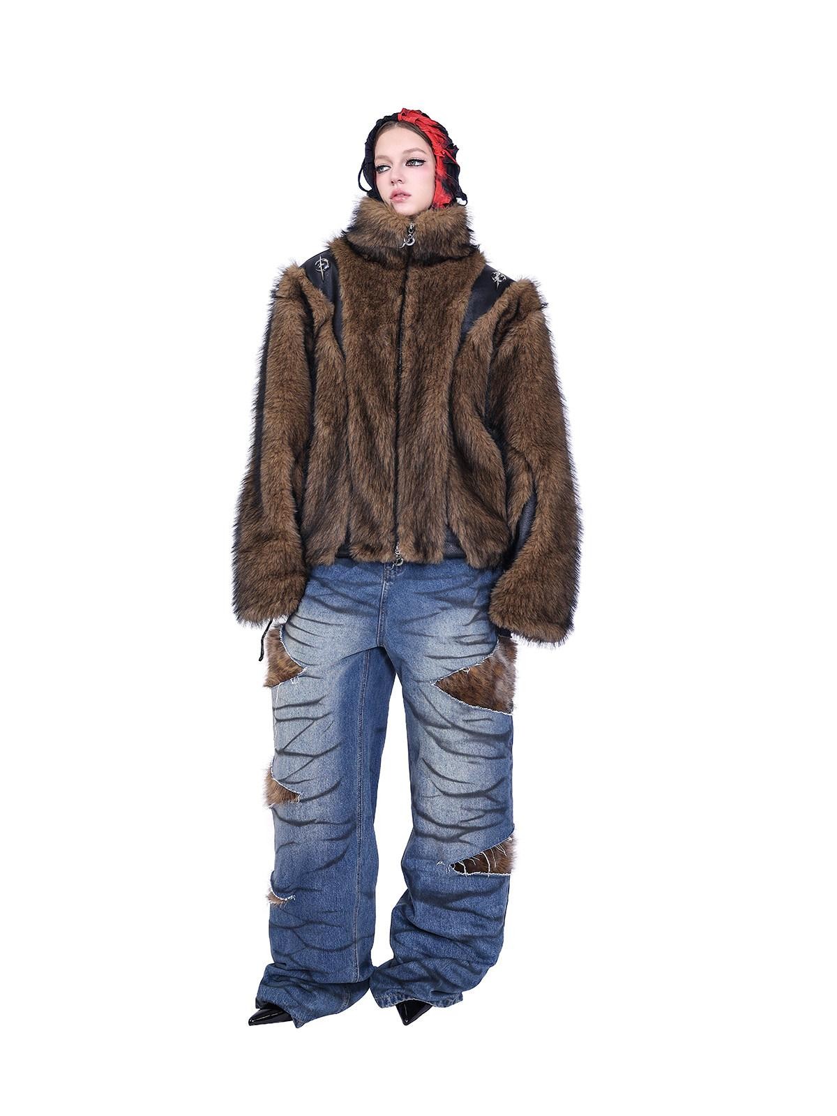 PINKSPINK Layered Leopard Fur Low Rise Wide Leg Women's Denim Ripped Jeans