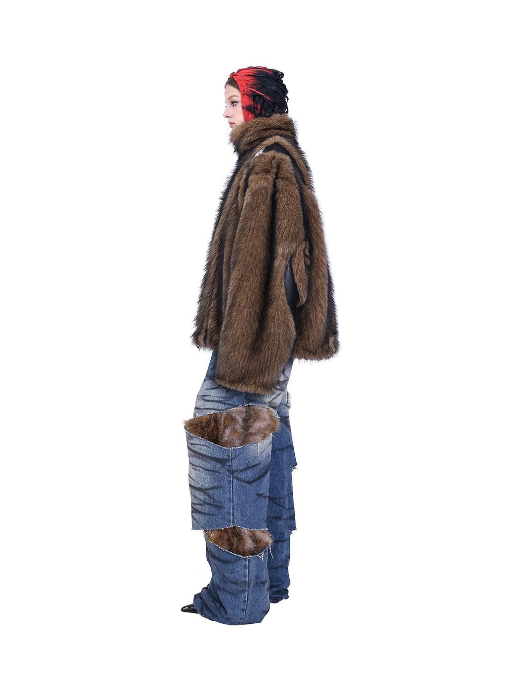PINKSPINK Layered Leopard Fur Low Rise Wide Leg Women's Denim Ripped Jeans