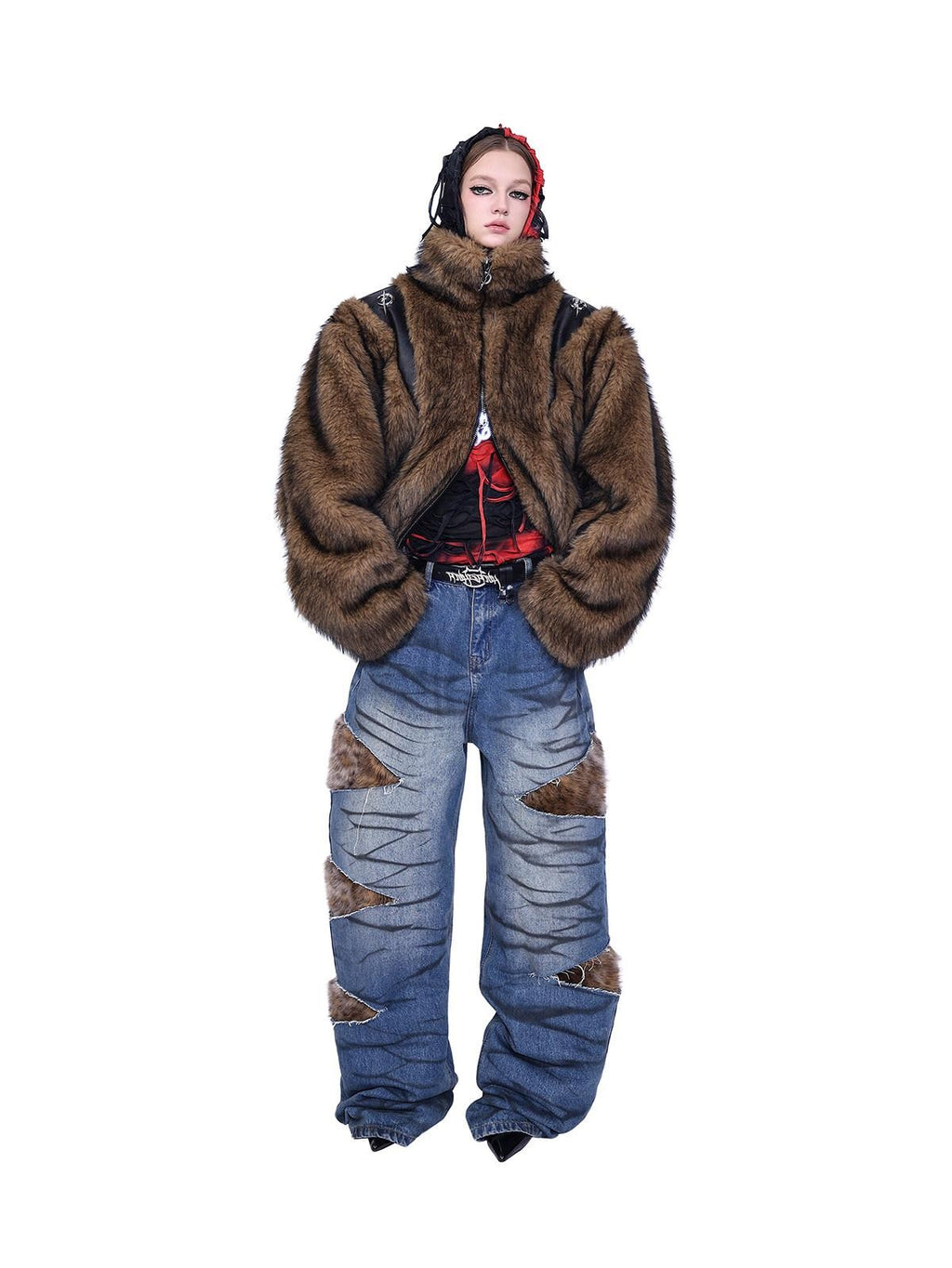 PINKSPINK Layered Leopard Fur Low Rise Wide Leg Women's Denim Ripped Jeans