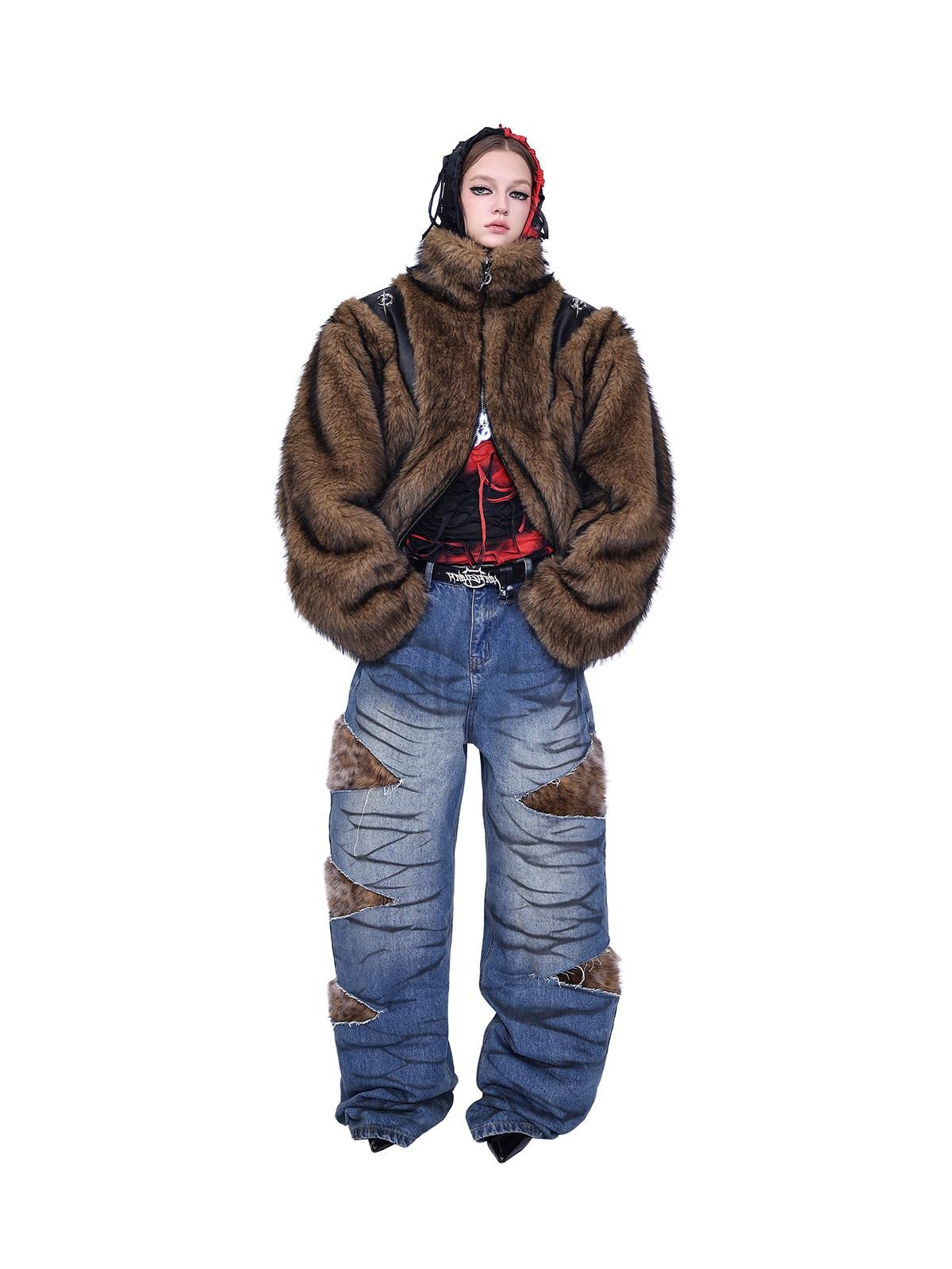 PINKSPINK Layered Leopard Fur Low Rise Wide Leg Women's Denim Ripped Jeans