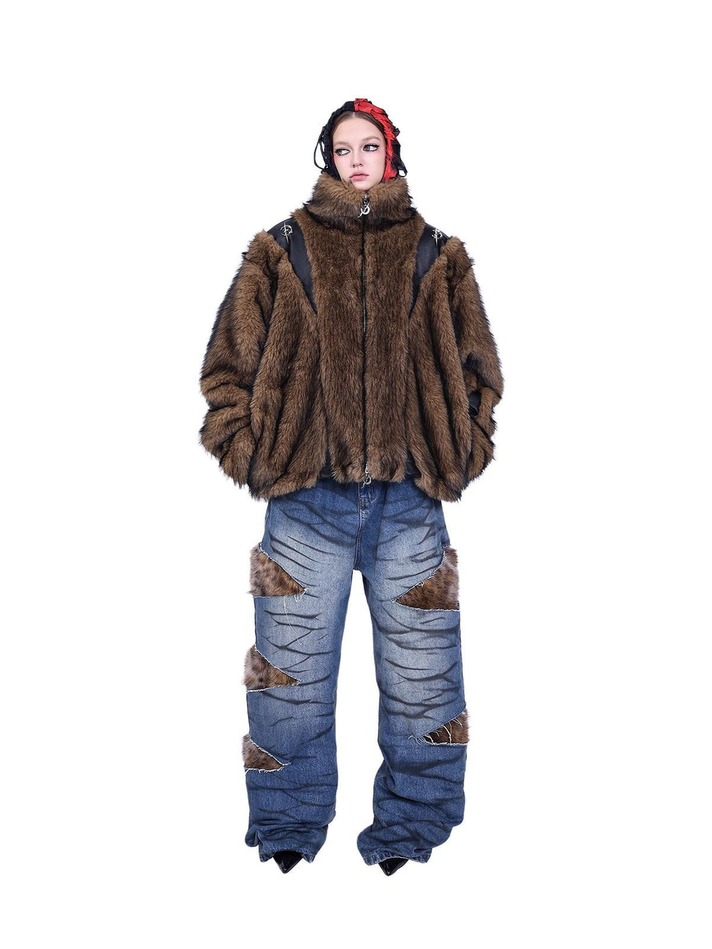 PINKSPINK Layered Leopard Fur Low Rise Wide Leg Women's Denim Ripped Jeans