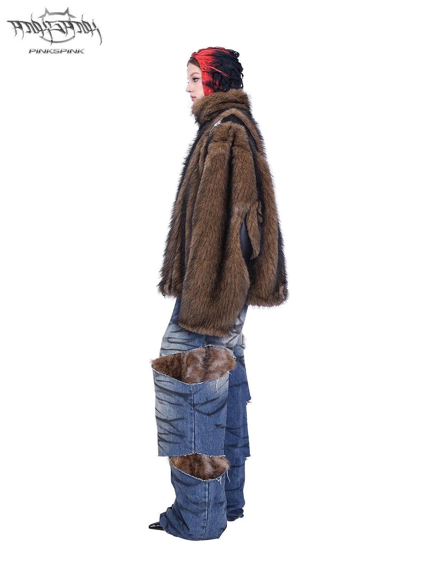 PINKSPINK Layered Leopard Fur Low Rise Wide Leg Women's Denim Ripped Jeans