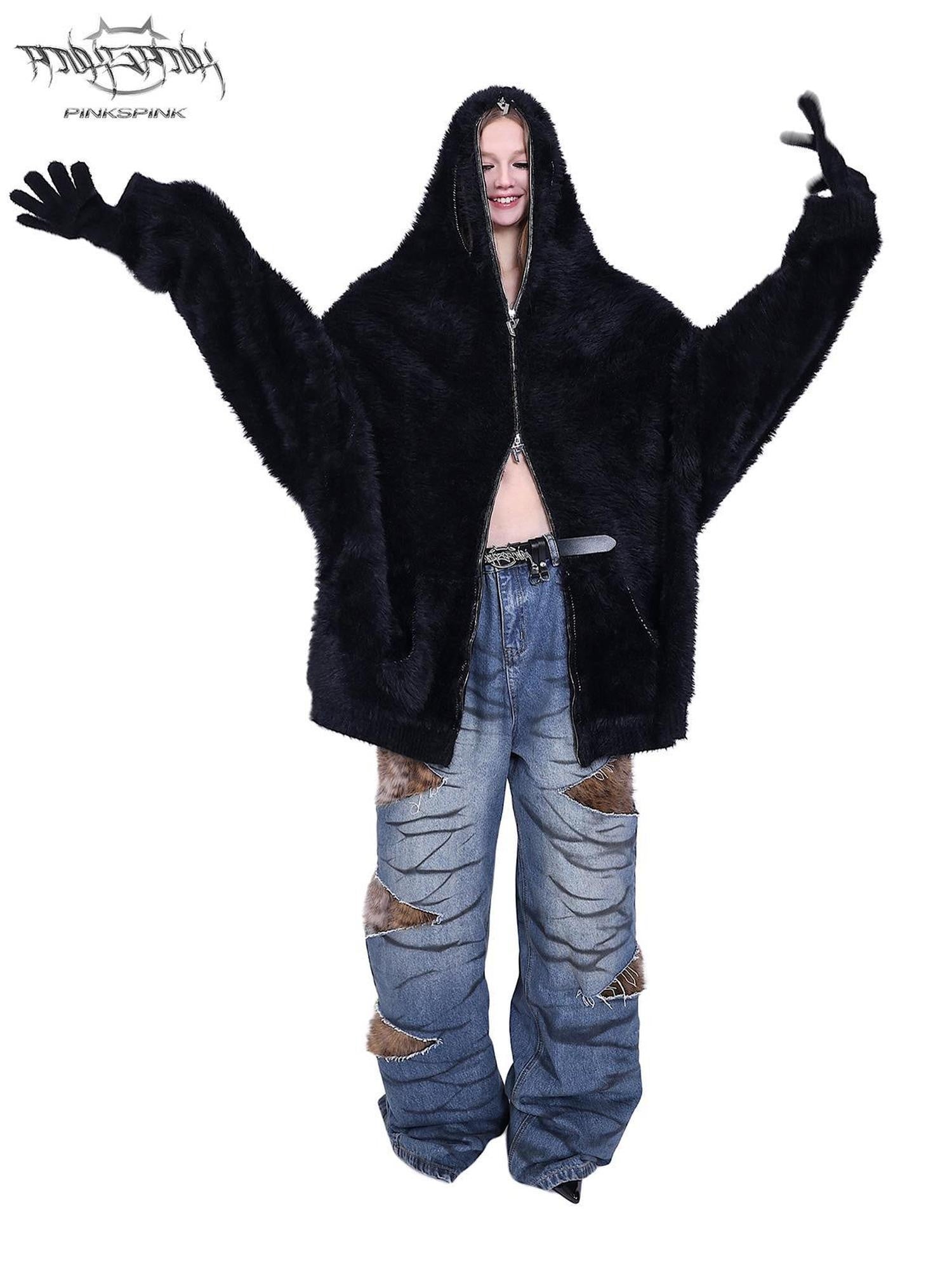 PINKSPINK Layered Leopard Fur Low Rise Wide Leg Women's Denim Ripped Jeans