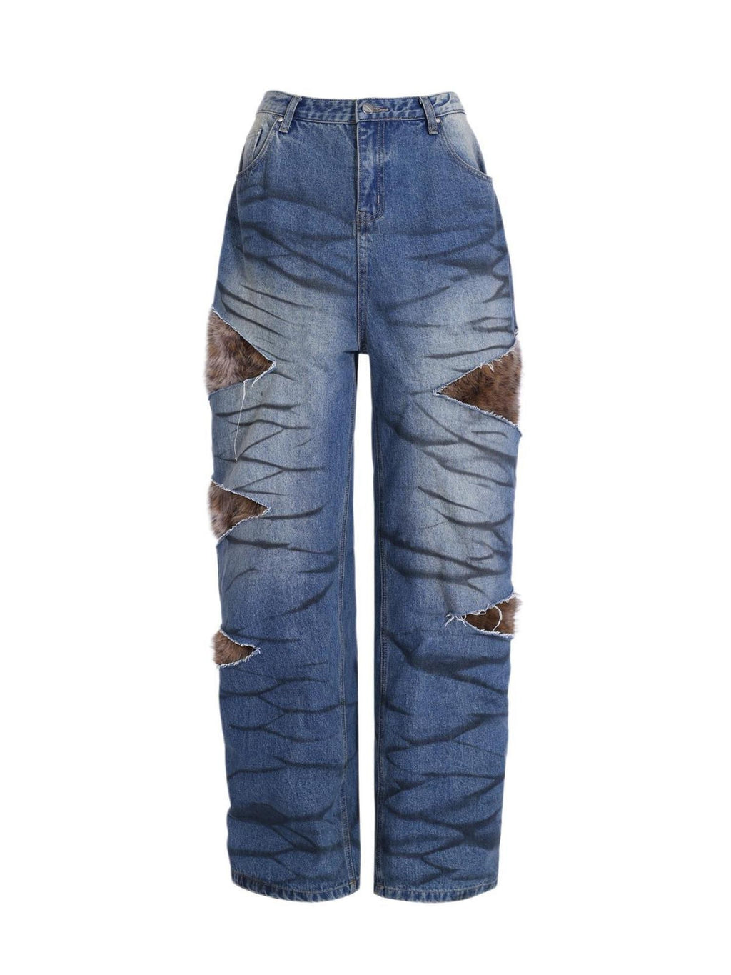 PINKSPINK Layered Leopard Fur Low Rise Wide Leg Women's Denim Ripped Jeans