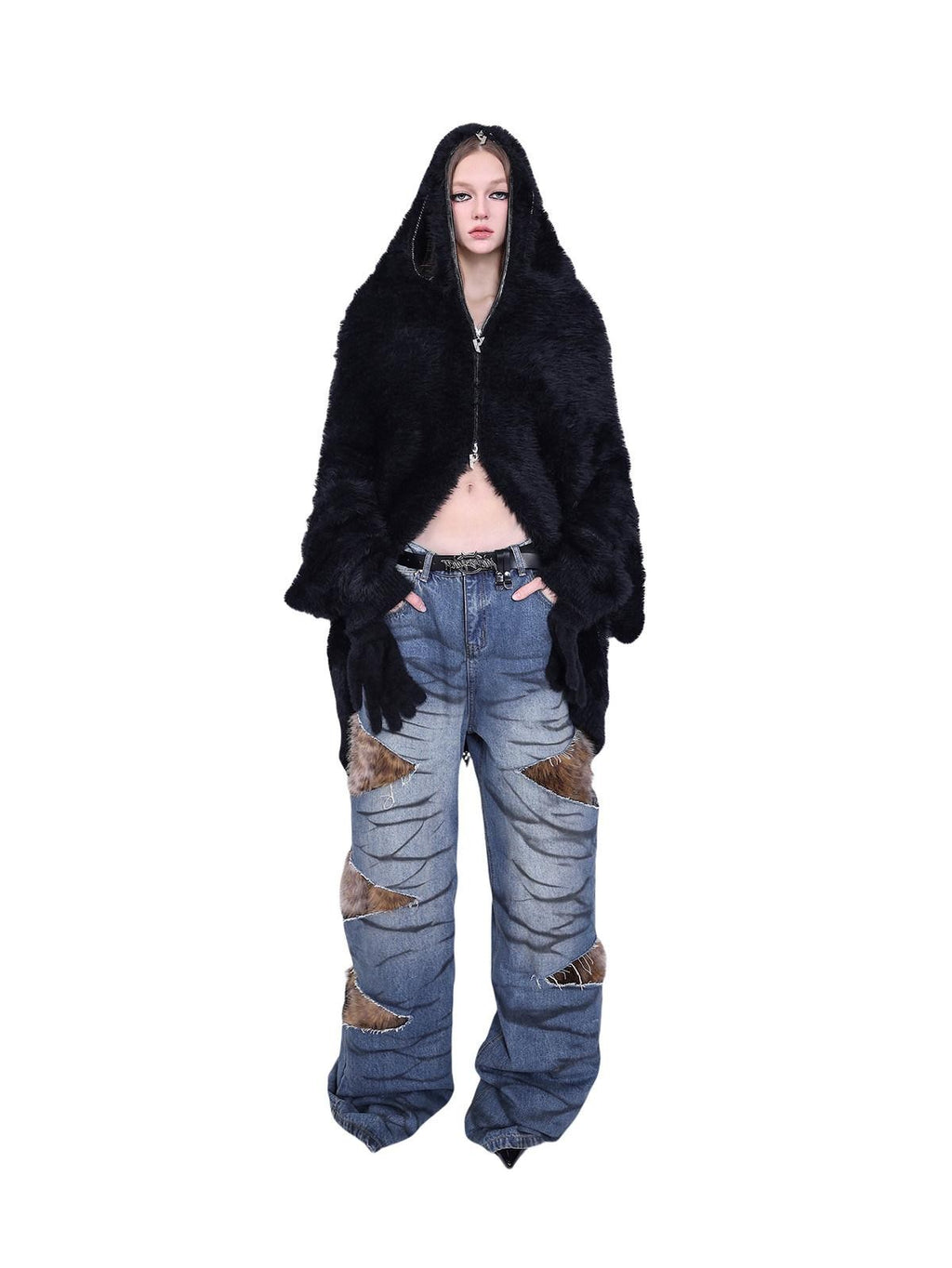 PINKSPINK Layered Leopard Fur Low Rise Wide Leg Women's Denim Ripped Jeans