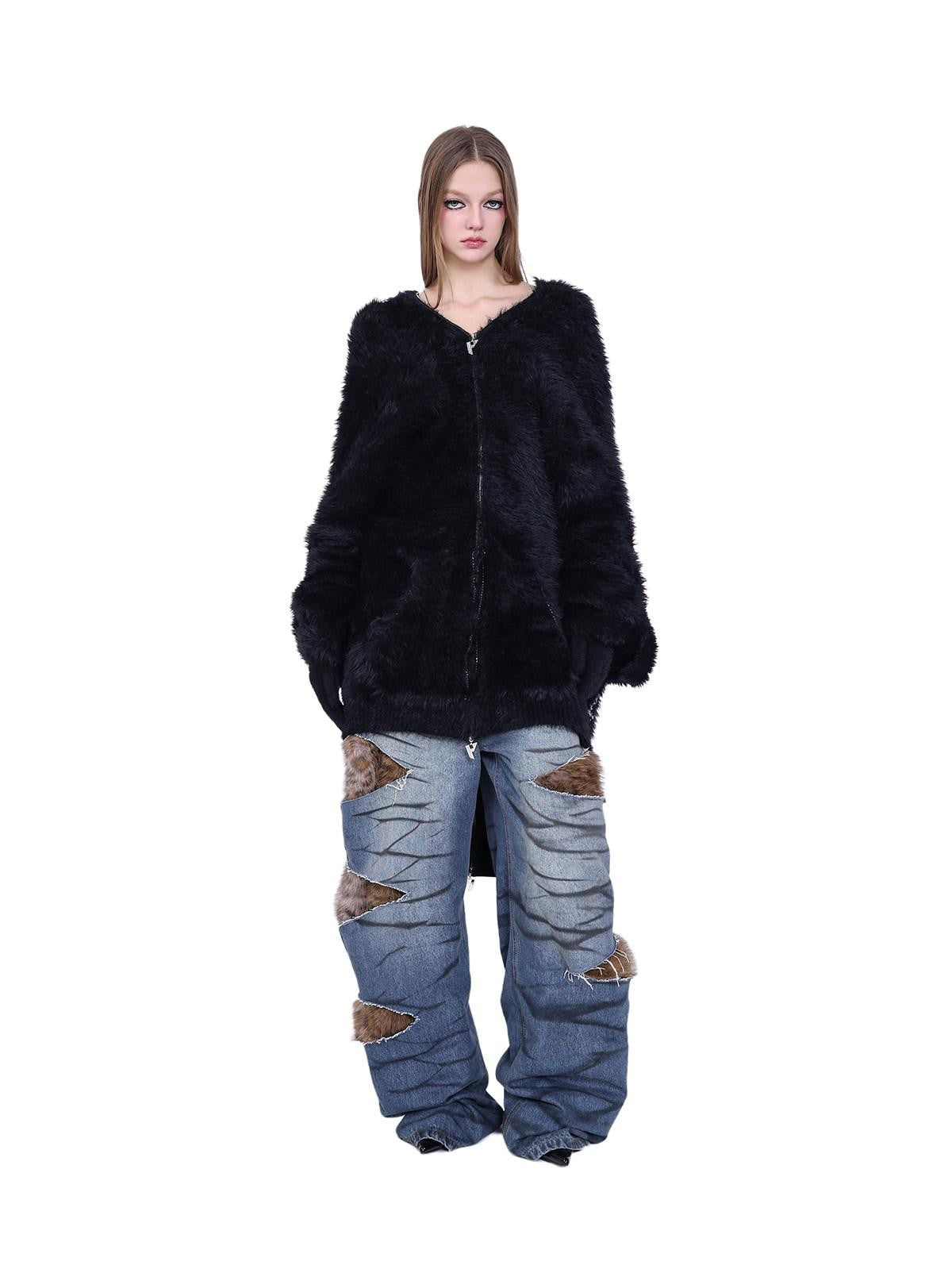 PINKSPINK Layered Leopard Fur Low Rise Wide Leg Women's Denim Ripped Jeans
