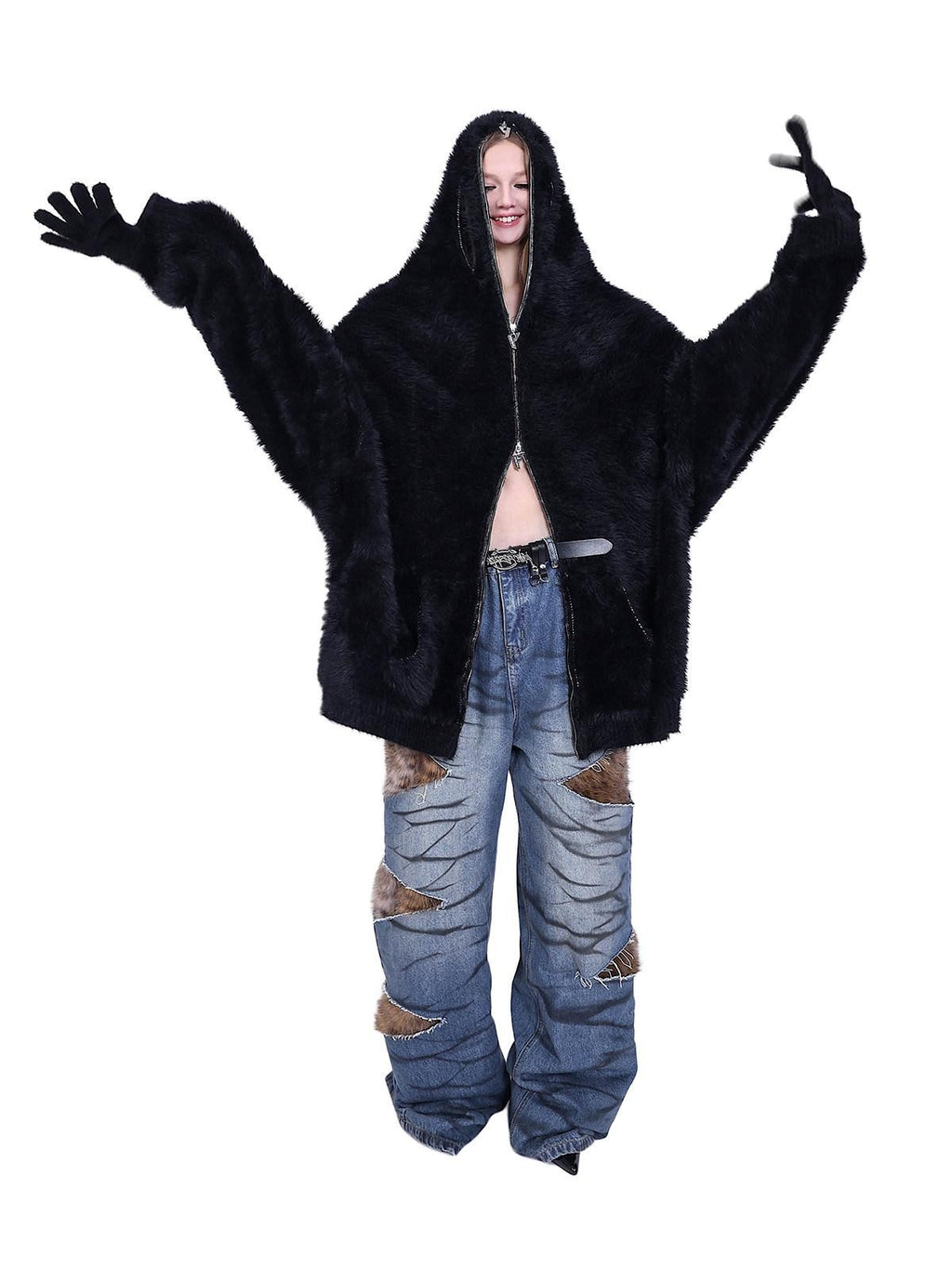 PINKSPINK Layered Leopard Fur Low Rise Wide Leg Women's Denim Ripped Jeans