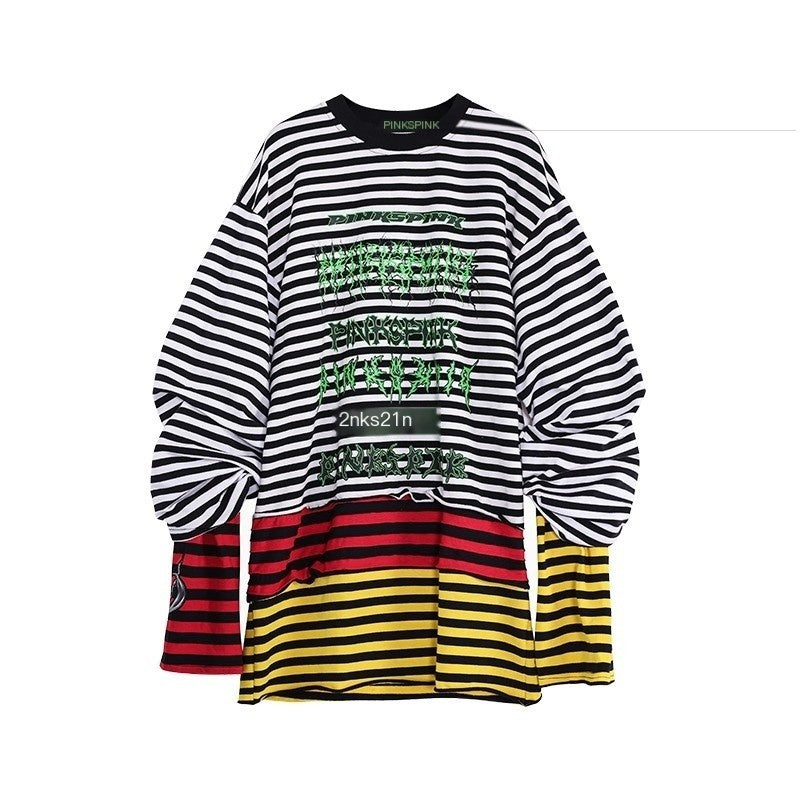 PINKSPINK_Layered_Stripe_Offset_Letter_Patchwork_Embroidered_Women's_Long_Sleeve_T-shirts_824278753771_MISSTT