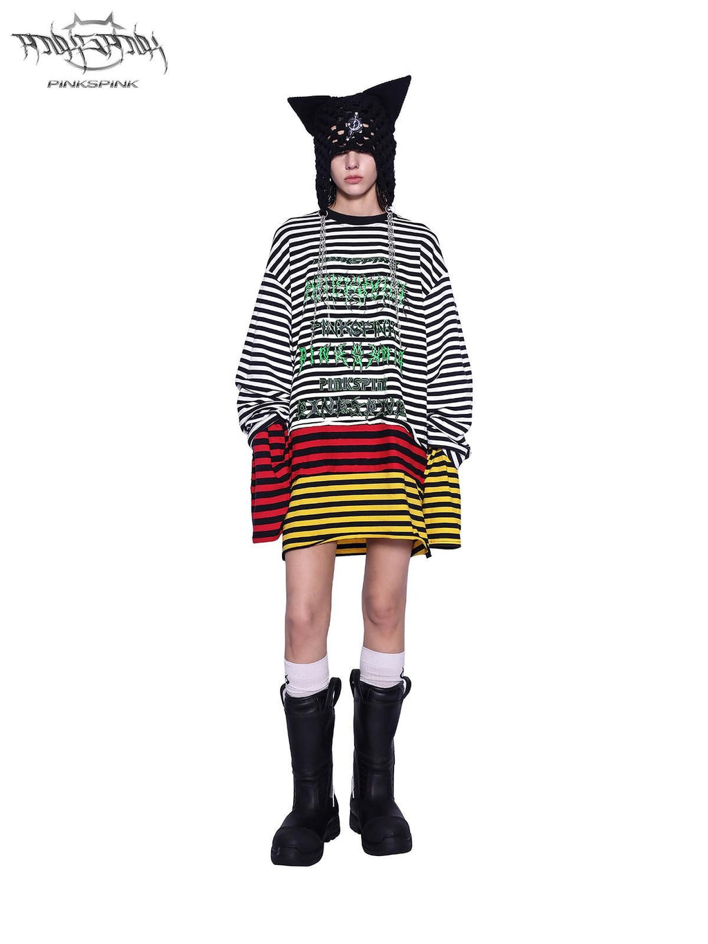 PINKSPINK Layered Stripe Offset Letter Patchwork Embroidered Women's Long Sleeve T-shirts
