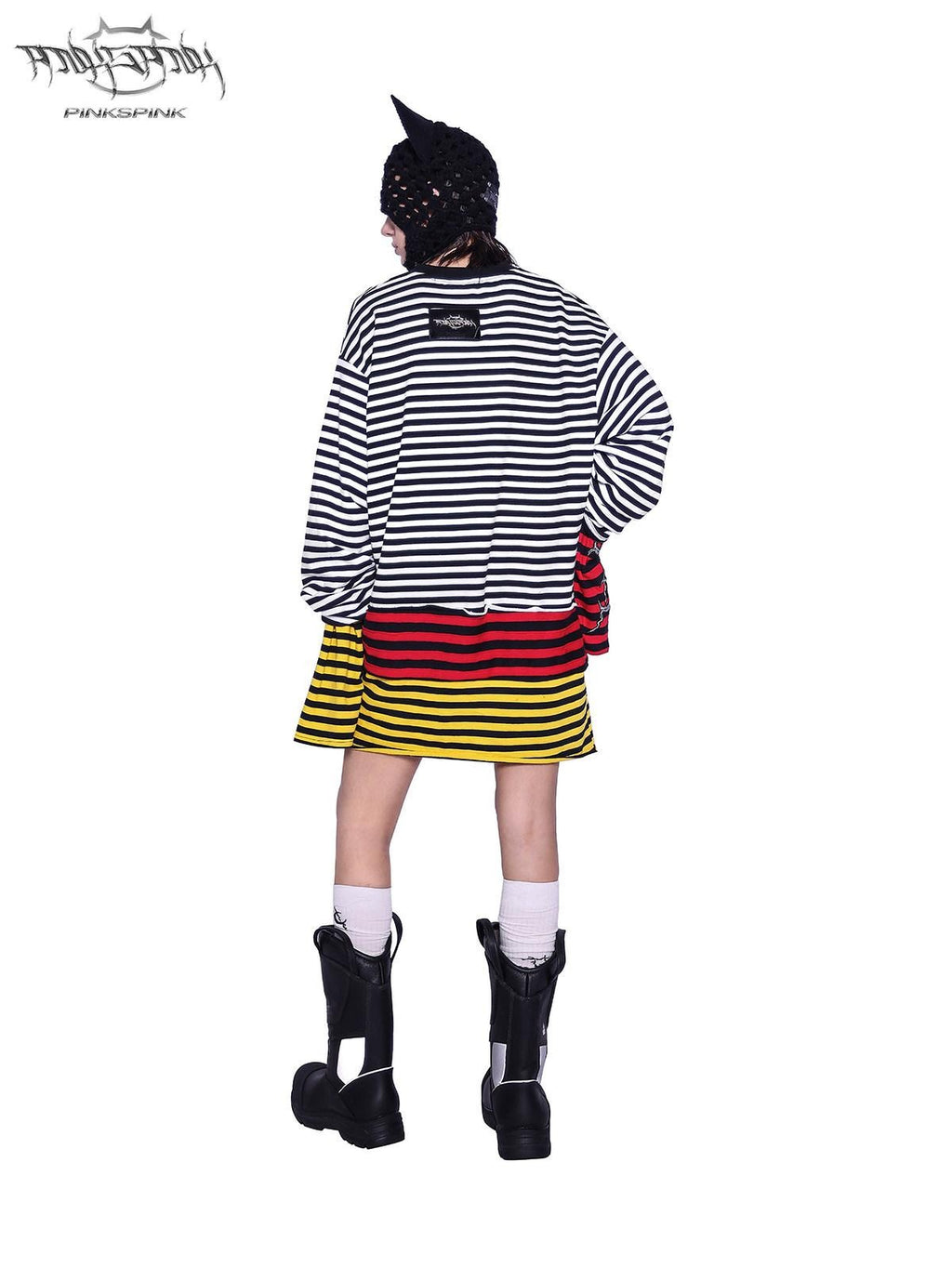 PINKSPINK Layered Stripe Offset Letter Patchwork Embroidered Women's Long Sleeve T-shirts