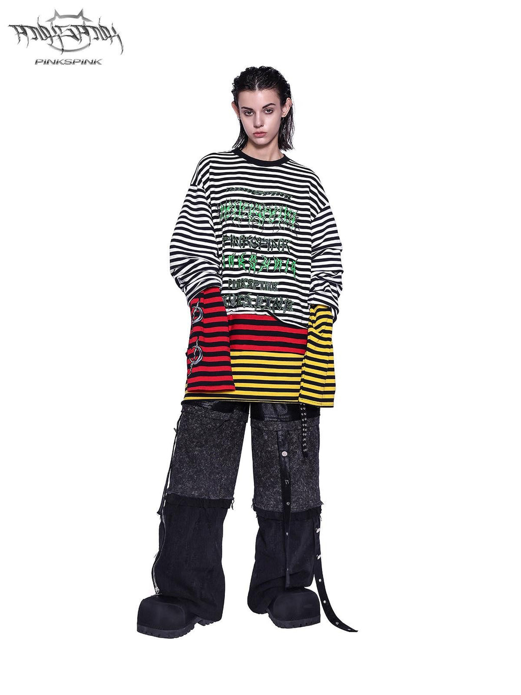 PINKSPINK Layered Stripe Offset Letter Patchwork Embroidered Women's Long Sleeve T-shirts