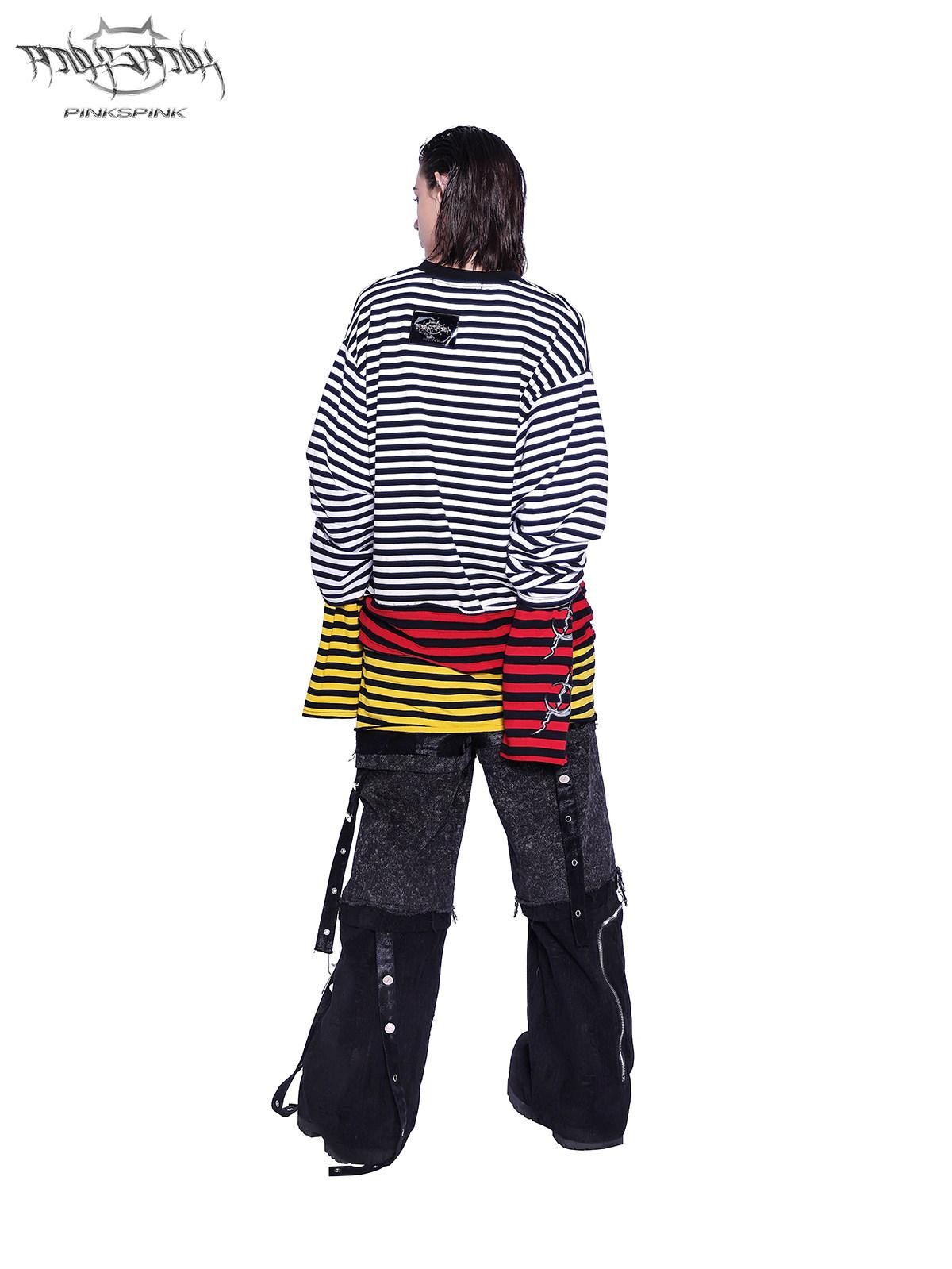 PINKSPINK Layered Stripe Offset Letter Patchwork Embroidered Women's Long Sleeve T-shirts