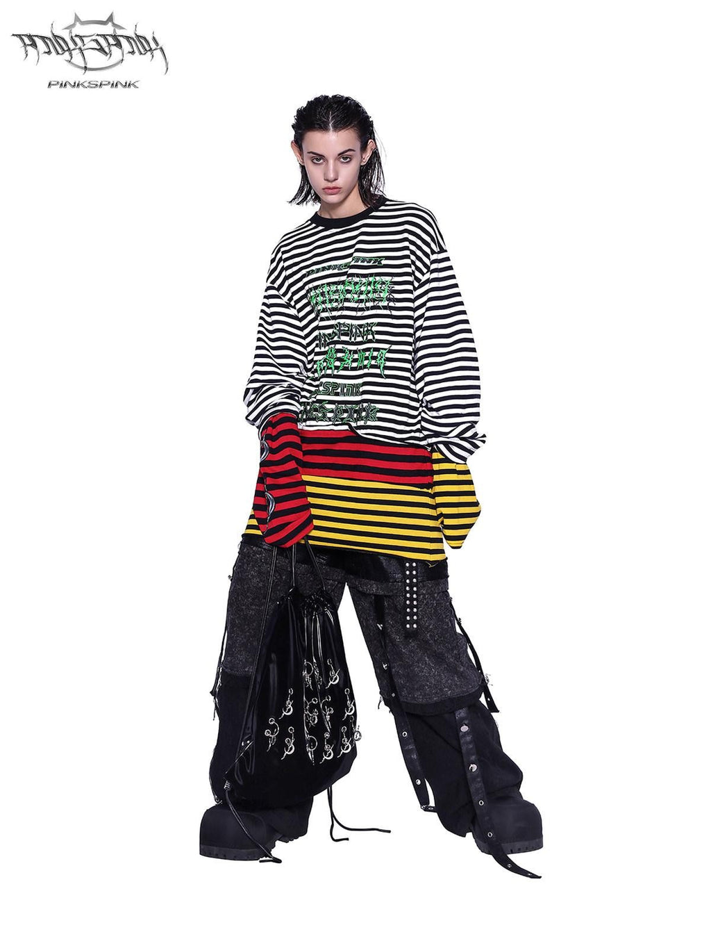 PINKSPINK Layered Stripe Offset Letter Patchwork Embroidered Women's Long Sleeve T-shirts