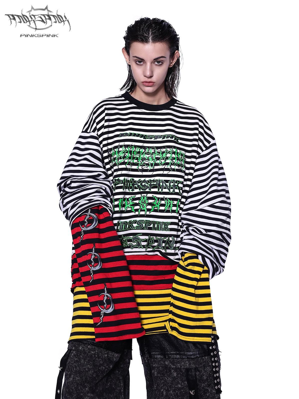 PINKSPINK Layered Stripe Offset Letter Patchwork Embroidered Women's Long Sleeve T-shirts