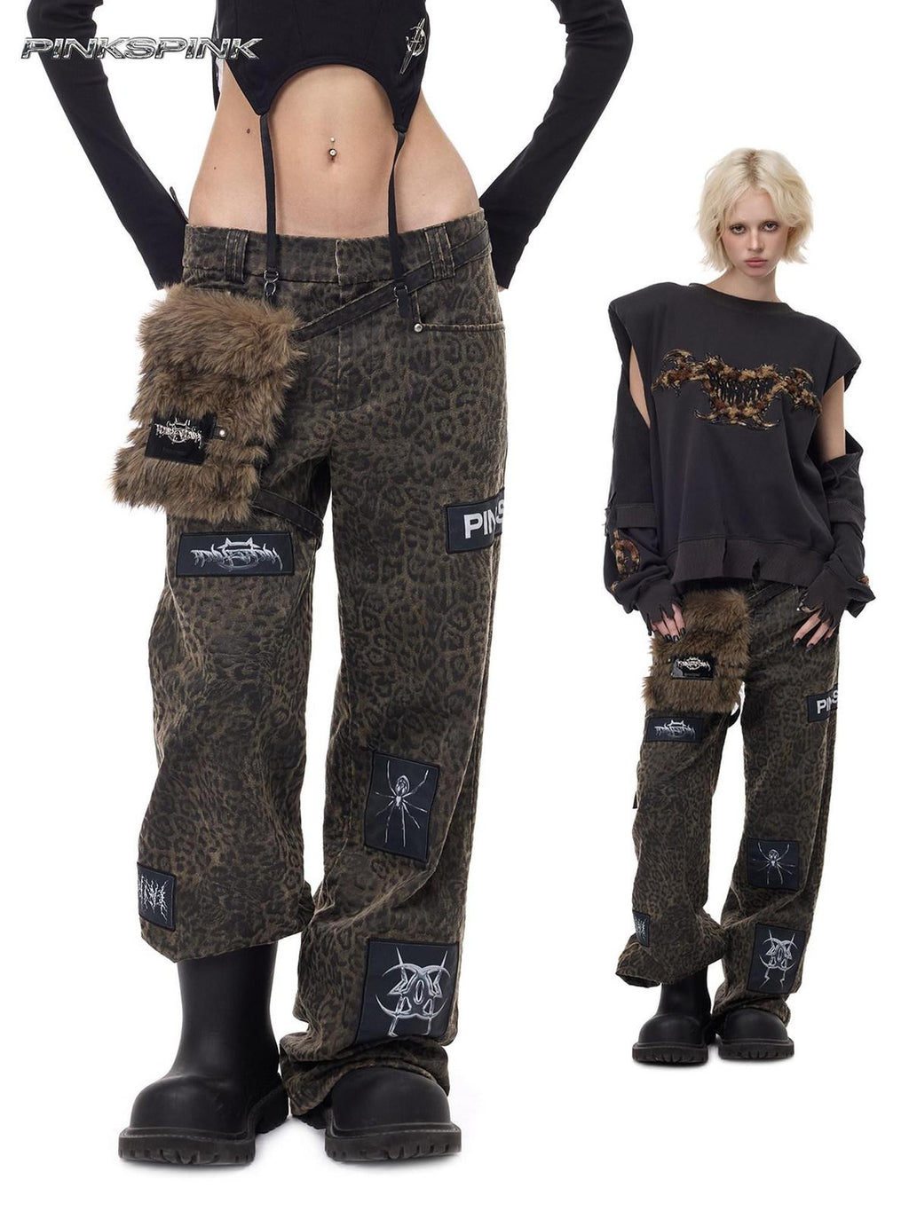 PINKSPINK Leopard Applique Hanging Pocket Women's Cotton Straight-leg Pants
