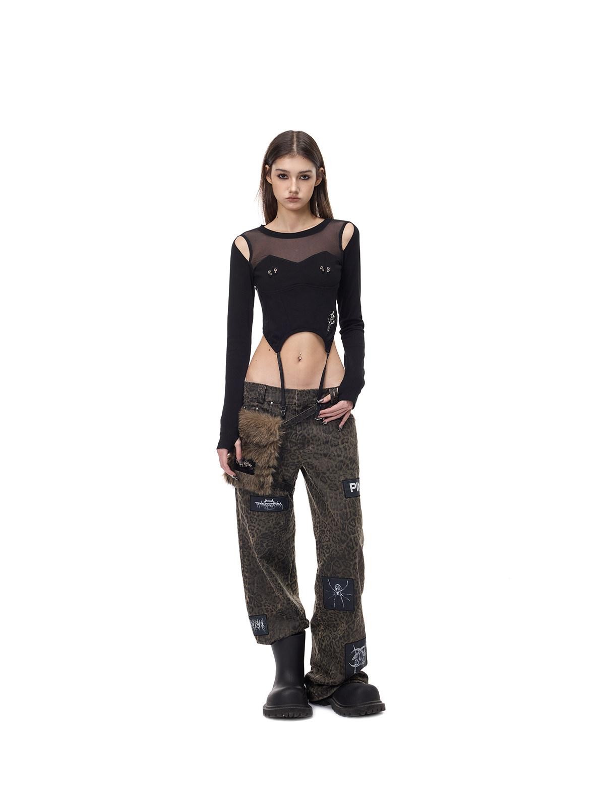 PINKSPINK Leopard Applique Hanging Pocket Women's Cotton Straight-leg Pants