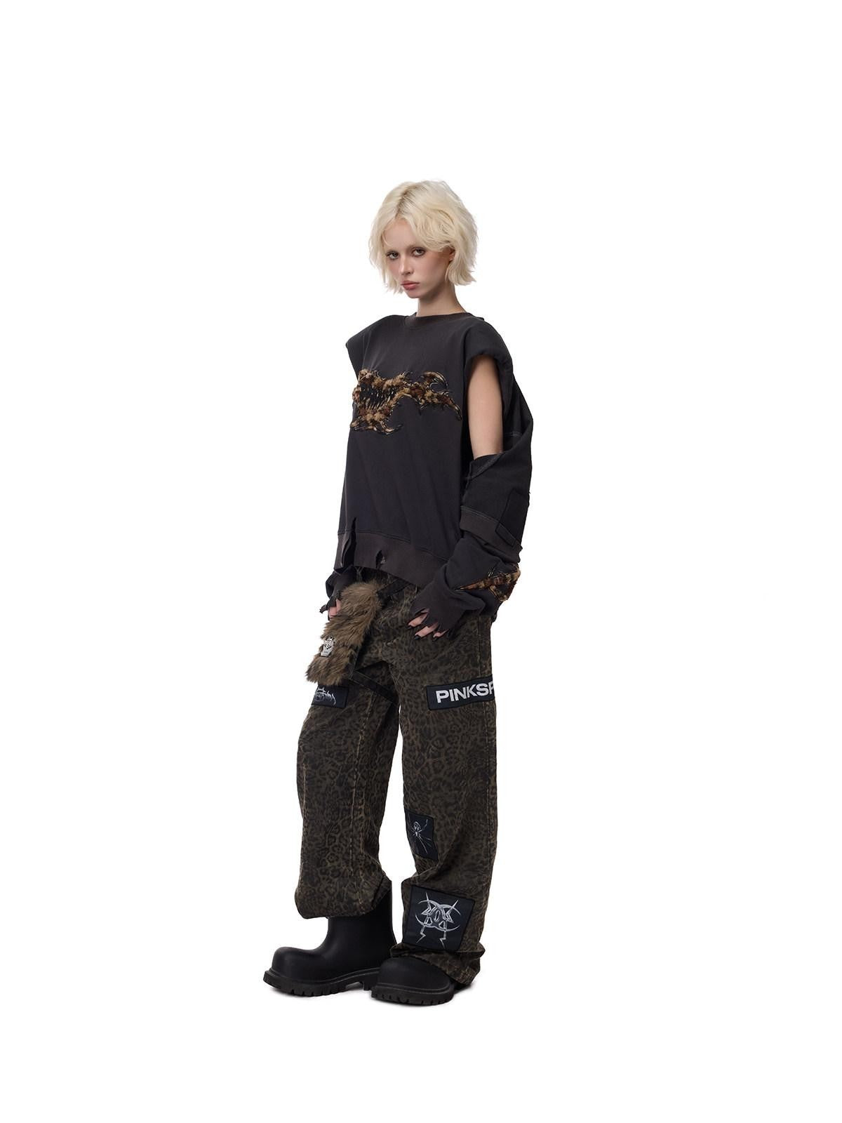 PINKSPINK Leopard Applique Hanging Pocket Women's Cotton Straight-leg Pants