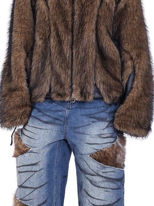 PINKSPINK Leopard Fur Layered Distressed Wide Leg Low Waist Women's Denim Ripped Jeans