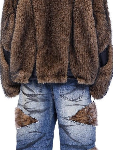 PINKSPINK Leopard Fur Layered Distressed Wide Leg Low Waist Women's Denim Ripped Jeans
