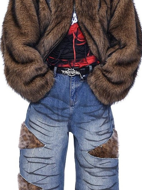 PINKSPINK Leopard Fur Layered Distressed Wide Leg Low Waist Women's Denim Ripped Jeans