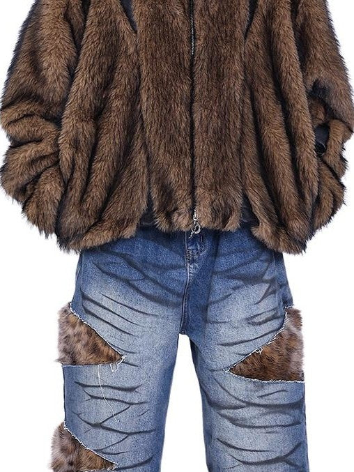 PINKSPINK Leopard Fur Layered Distressed Wide Leg Low Waist Women's Denim Ripped Jeans