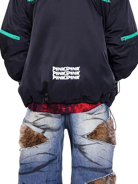 PINKSPINK Leopard Fur Layered Distressed Wide Leg Low Waist Women's Denim Ripped Jeans