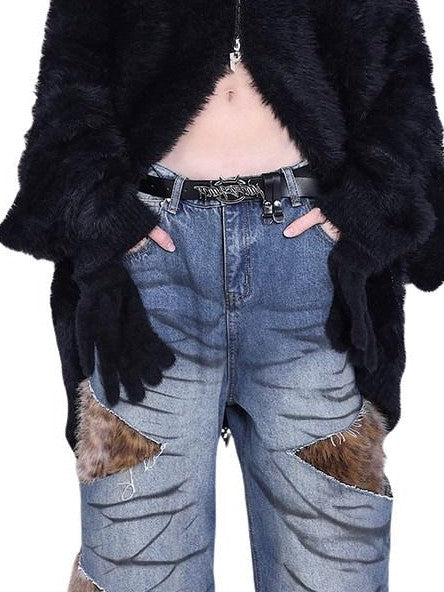 PINKSPINK Leopard Fur Layered Distressed Wide Leg Low Waist Women's Denim Ripped Jeans