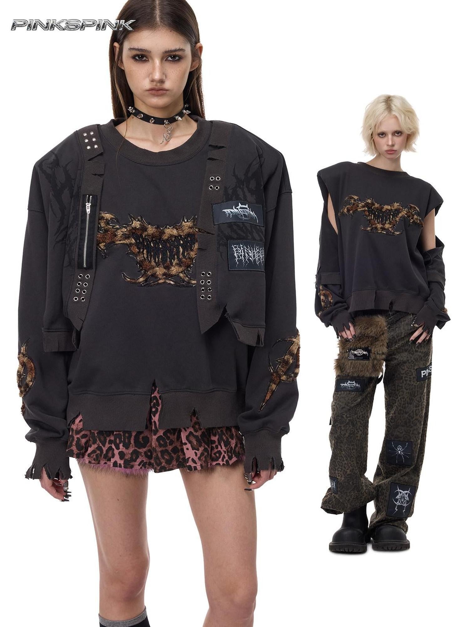 PINKSPINK Leopard Heart Thorn Applique Ripped Punk Women's Hooded Sweatshirts