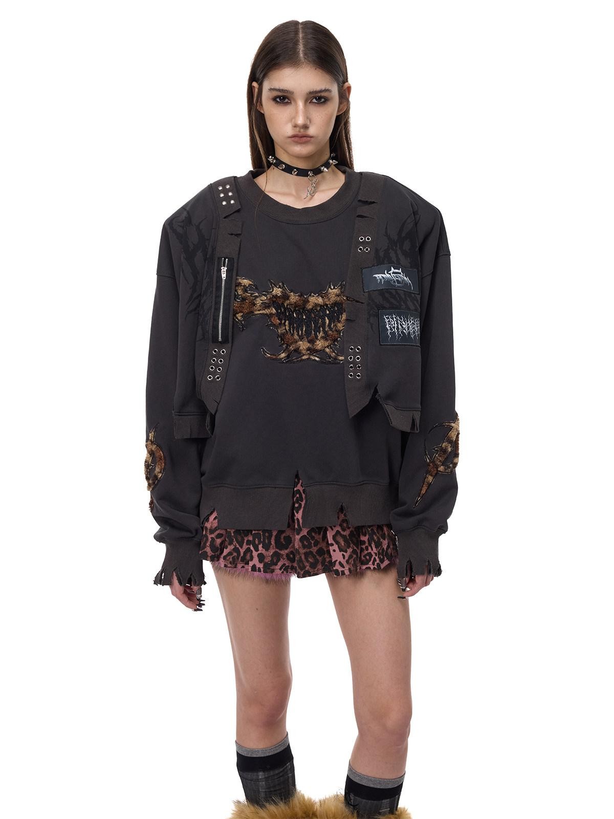 PINKSPINK Leopard Heart Thorn Applique Ripped Punk Women's Hooded Sweatshirts