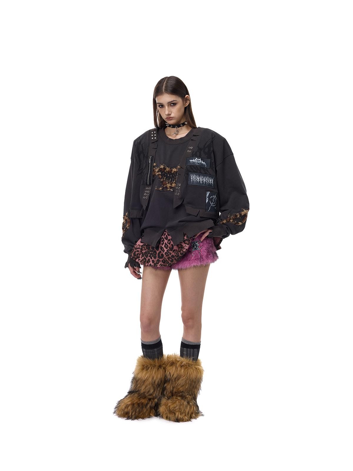 PINKSPINK Leopard Heart Thorn Applique Ripped Punk Women's Hooded Sweatshirts