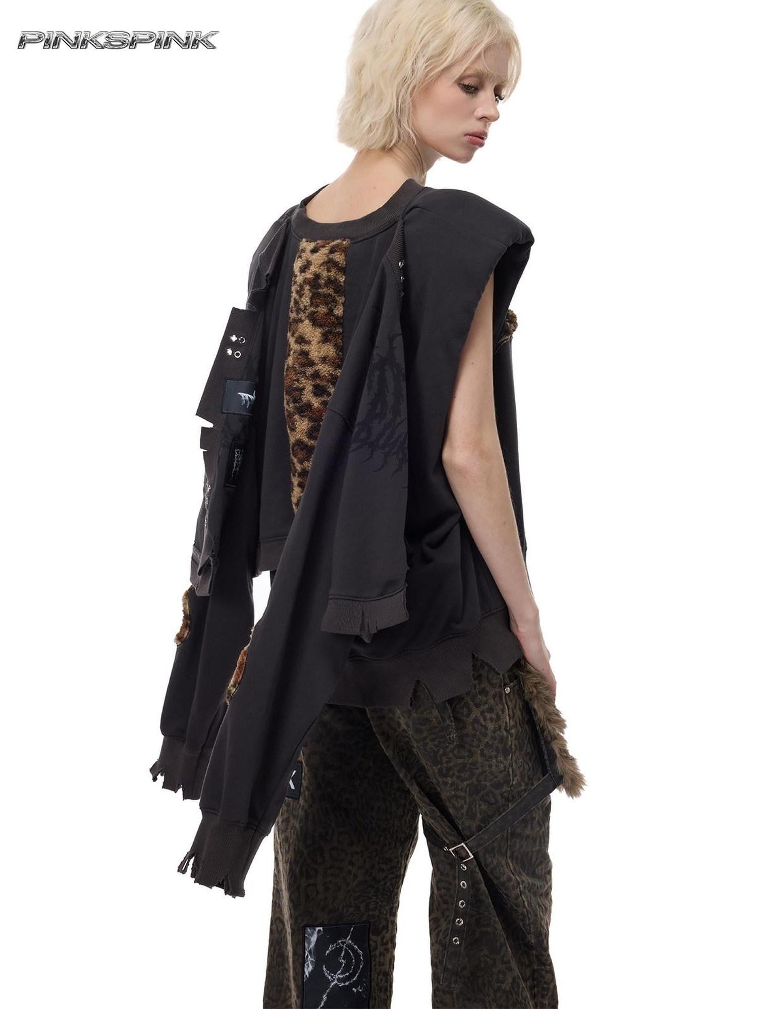 PINKSPINK Leopard Heart Thorn Applique Ripped Punk Women's Hooded Sweatshirts