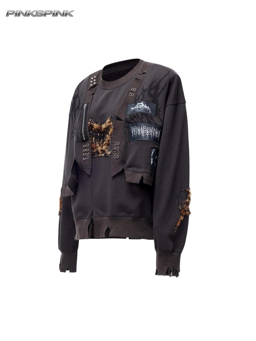 PINKSPINK Leopard Heart Thorn Applique Ripped Punk Women's Hooded Sweatshirts