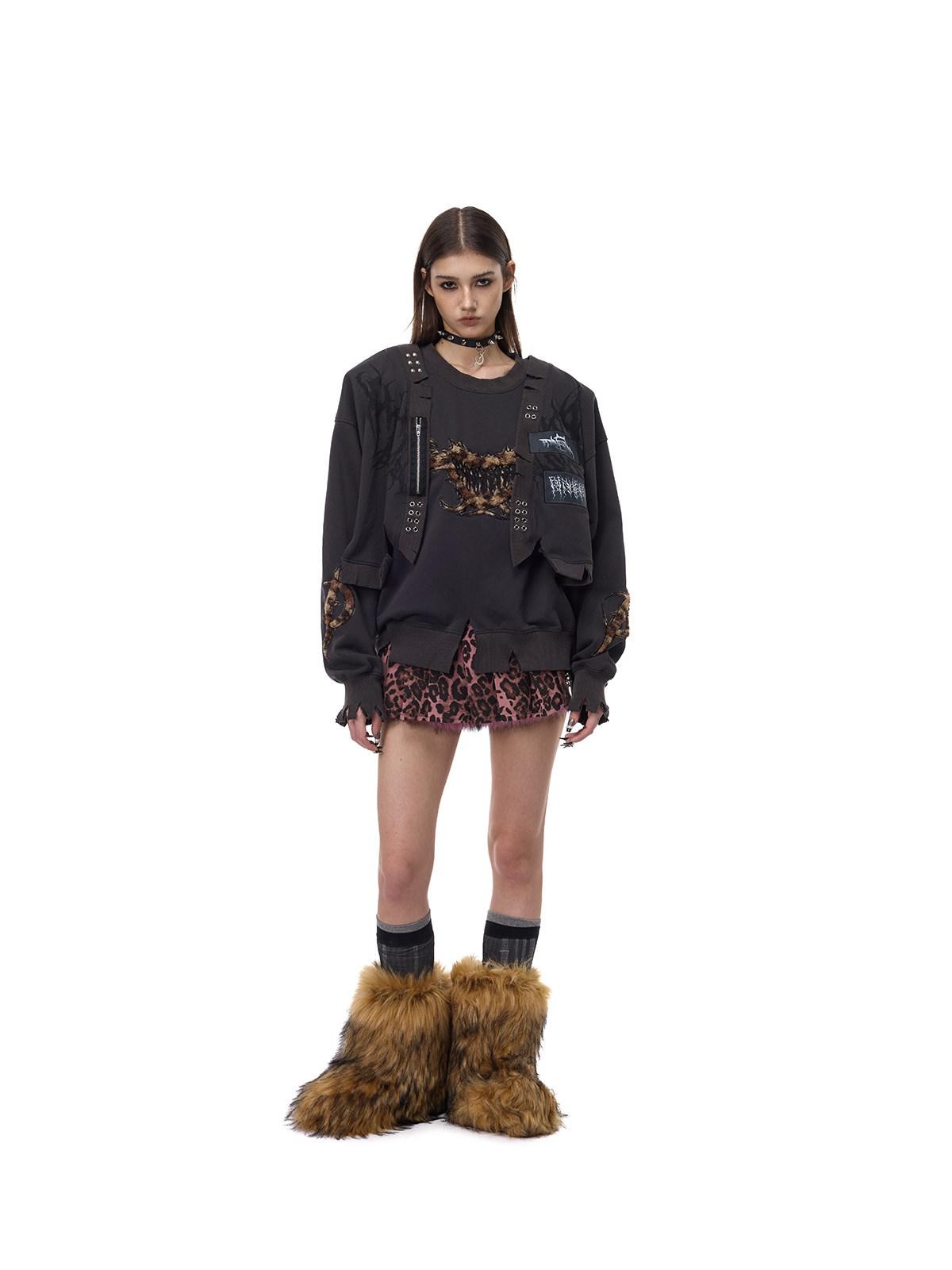 PINKSPINK Leopard Heart Thorn Applique Ripped Punk Women's Hooded Sweatshirts