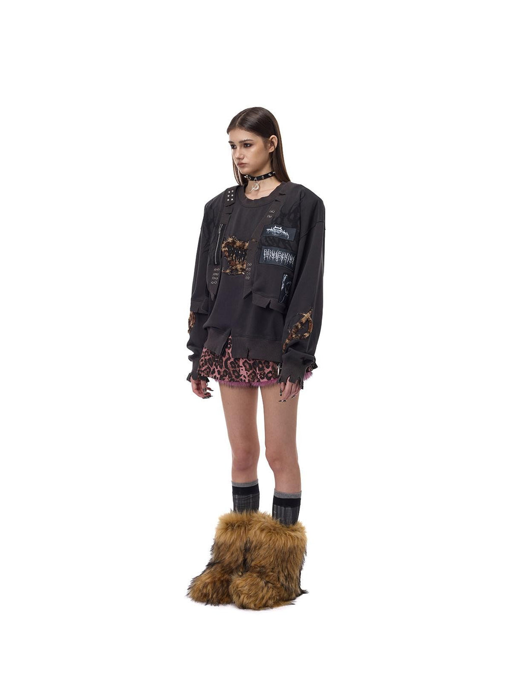 PINKSPINK Leopard Heart Thorn Applique Ripped Punk Women's Hooded Sweatshirts