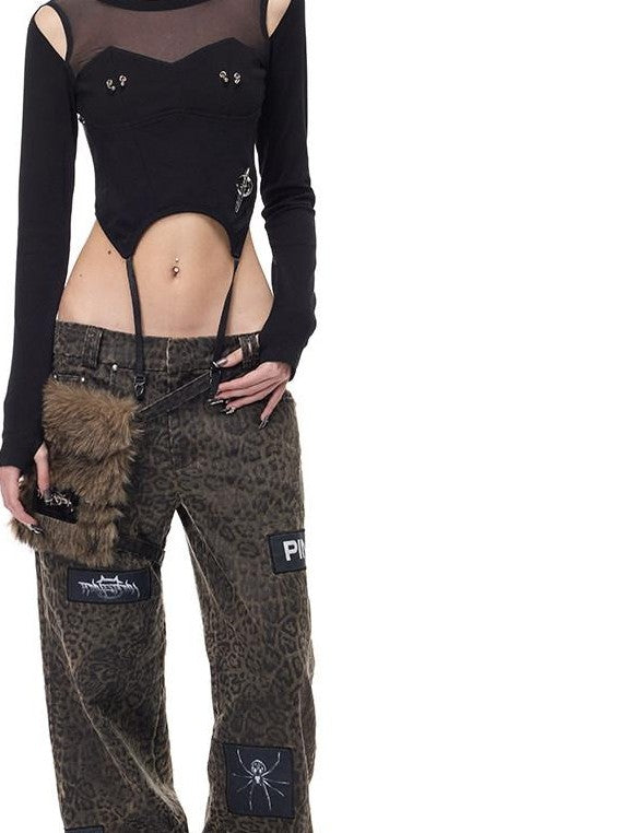 PINKSPINK Leopard Print Patch Applique Hanging Pocket Women's Cotton Straight-leg Pants