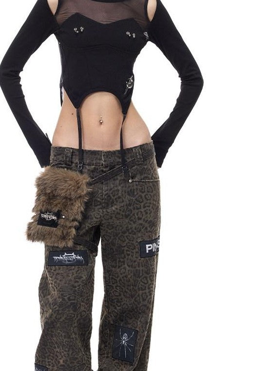 PINKSPINK Leopard Print Patch Applique Hanging Pocket Women's Cotton Straight-leg Pants