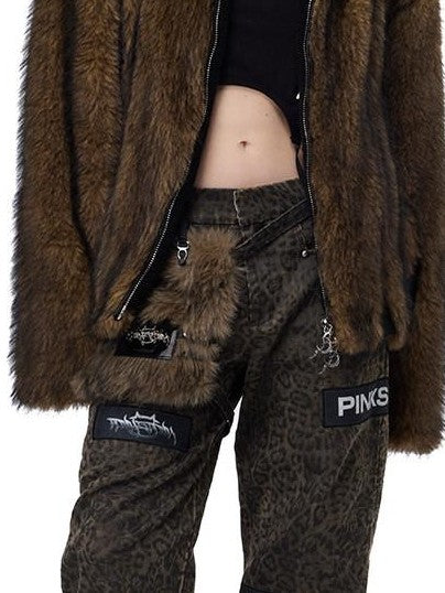PINKSPINK Leopard Print Patch Applique Hanging Pocket Women's Cotton Straight-leg Pants