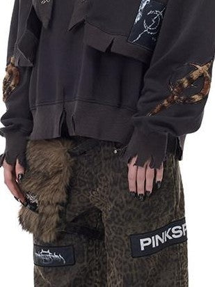 PINKSPINK Leopard Print Patch Applique Hanging Pocket Women's Cotton Straight-leg Pants