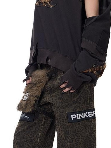 PINKSPINK Leopard Print Patch Applique Hanging Pocket Women's Cotton Straight-leg Pants