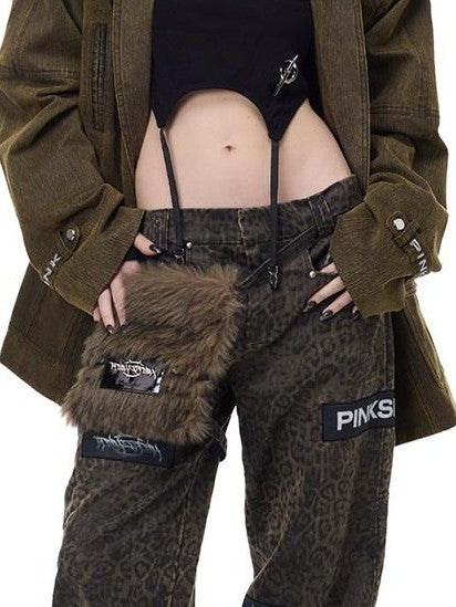 PINKSPINK Leopard Print Patch Applique Hanging Pocket Women's Cotton Straight-leg Pants