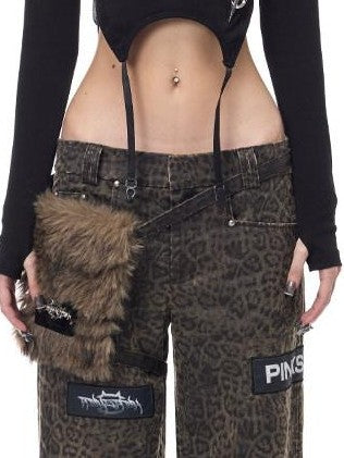 PINKSPINK Leopard Print Patch Applique Hanging Pocket Women's Cotton Straight-leg Pants