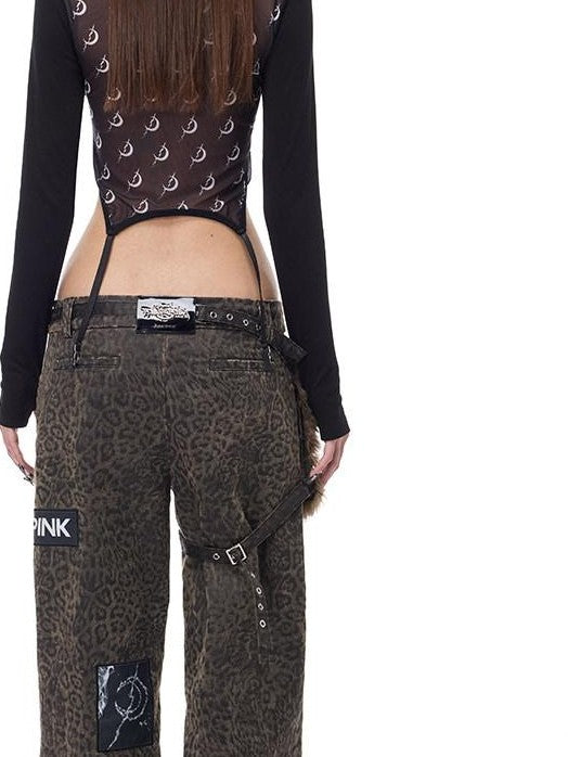 PINKSPINK Leopard Print Patch Applique Hanging Pocket Women's Cotton Straight-leg Pants