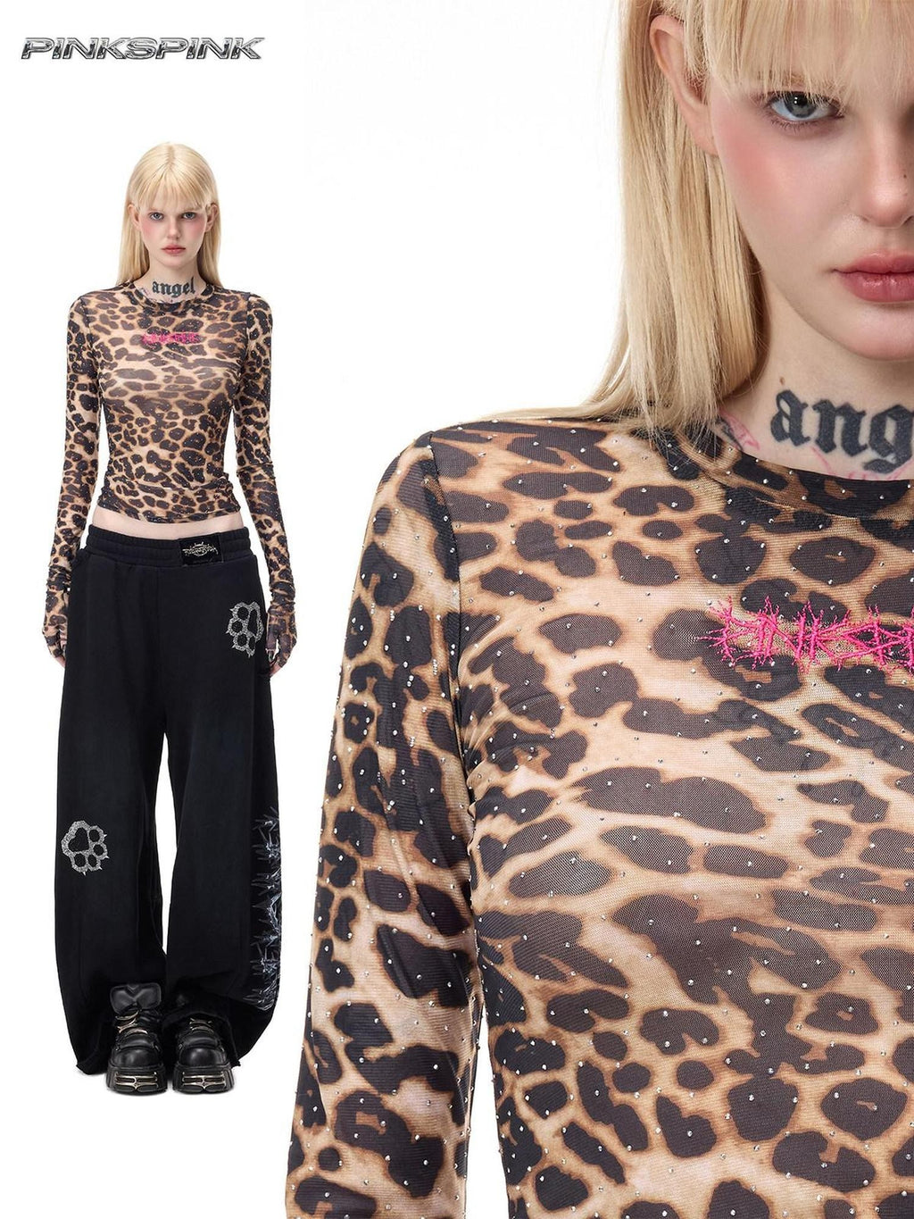 PINKSPINK Leopard Rhinestone Thorn Embroidered Sheer Women's Long Sleeve T-shirts
